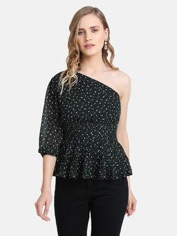 Kazo - Green One Shoulder Pleated Top