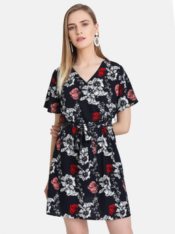 Kazo - Navy Blue Flare Sleeve Wrap Mini Dress