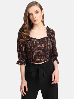 Kazo - Brown Sweetheart Neck Smocked Crop Top