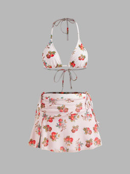 Cider - Halter Apple Graphic Tie Side Bikini Swimsuit With Split Cover Up Skirt