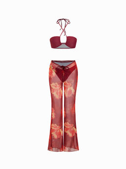 Cider - Halter Neckline Criss Cross Cheeky Bikini Set With Floral Cover Up Pants