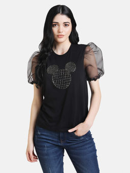 Kazo - Black Mickey Mouse Disney Sequin Top With Organza Sleeves