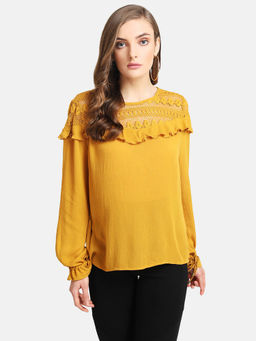 Kazo - Honey Mustard Lace Yoke Ruffle Detail Top