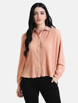 Kazo - Peach Pleated Shirt With Beaded Collars