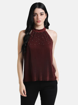 Kazo - Maroon Pleated Halter Neck Beaded Top