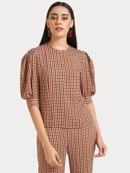 Kazo - Multi-Color Basic Check Top With Volume Sleeves