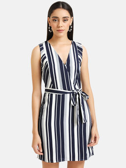 Kazo - Navy Blue Wrap Striped Mini Dress