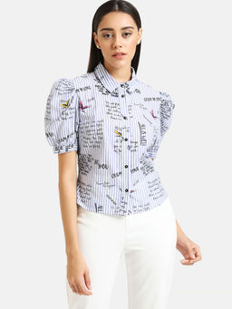 Kazo - Blue Printed Puff Sleeve Shirt