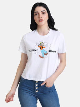 Kazo - White Goofy Disney Printed Crop Tee