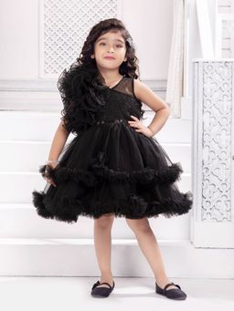 Mini Stitch - Sleeveless Double Layer Frilled Party Frock-Black