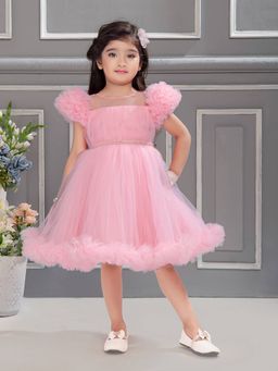 Mini Stitch - Pleated Yoke Dress with Gather Ruffled Sleeve-Baby Pink