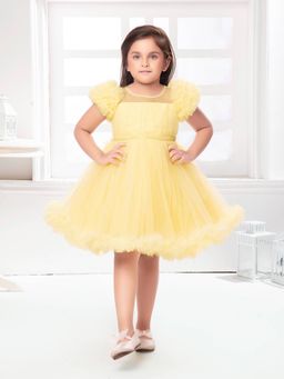 Mini Stitch - Pleated Yoke Dress with Gather Ruffled Sleeve-Yellow