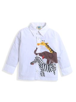 ZIP ZAP ZOOP - White Three Animal Print Full Sleeve Collar Neck Boy Cotton Shirt