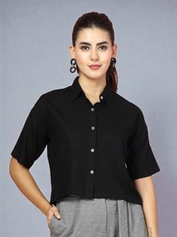 Twenty Dresses by Nykaa Fashion - Womens Short Sleeves Black Solid Cropped Oversized Shirt