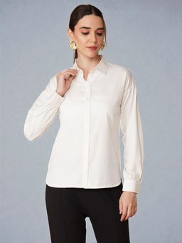 Twenty Dresses by Nykaa Fashion - Womens Cotton Drop Shoulder Gather Cuff White Formal Shirt