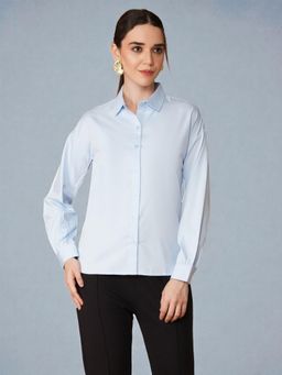 Twenty Dresses by Nykaa Fashion - Womens Cotton Drop Shoulder Gather Cuff Blue Formal Shirt