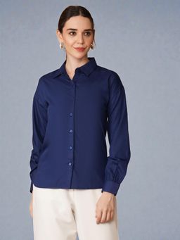 Twenty Dresses by Nykaa Fashion - Womens Cotton Drop Shoulder Gather Cuff Navy Blue Formal Shirt