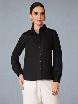Twenty Dresses by Nykaa Fashion - Womens Cotton Drop Shoulder Gather Cuff Black Formal Shirt