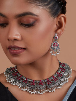 Azai by Nykaa Fashion - Oxidised Pink and Silver Stone Studded Jewellery Set of 2
