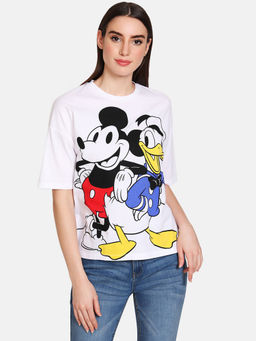 Kazo - White Mickey Mouse & Donald Duck Disney Printed T-Shirt