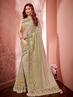 Odette - Beige Lycra Fancy Net Designer Saree with Unstitched Blouse