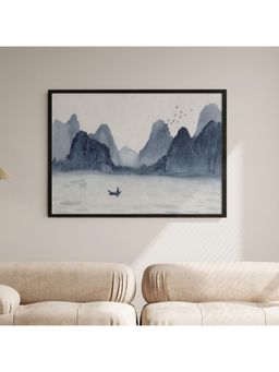 ARTCREST - Mountains and River Watercolor Style Large Painting Black Box Framed Canvas Wall Art