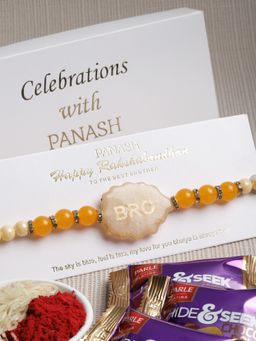 PANASH - Men Gold-Plated Yellow Pearls Bro Rakhi With Chocolate & Gift Stand