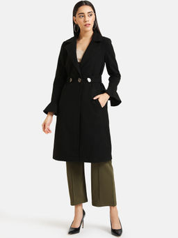 Kazo - Black Solid Casual Long Overcoat