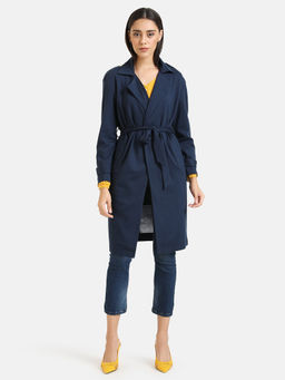 Kazo - Navy Blue Solid Casual Long Coat with Belt