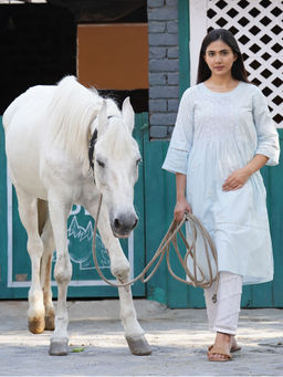 Zuri - Sky Blue Anarkali Embroidered Short Kurti with Lace Pant - Set of 2