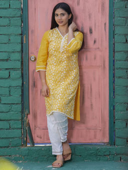 Zuri - Yellow Embroidered Cotton Kurta with Lace Pant - Set of 2