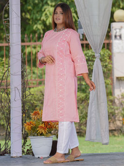 Zuri - Pink Embroidered Pintuck Cotton Kurta with White Pant - Set of 2