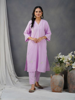 Zuri - Purple Embroidered Cotton Kurta Paired With Matching Pant