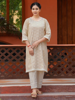 Zuri - Beige Embroidered Cotton Kurta with Pintuck Pant - Set of 2