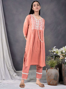 Zuri - Rust Brown Embroidered Cotton Kurta Paired With Matching Pant