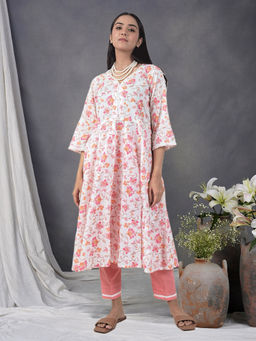 Zuri - White and Pink Printed Cotton Anarkali Paired With Matching Pant