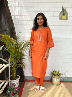 Zuri - Orange Embroidered Cotton Kurta Co-ord