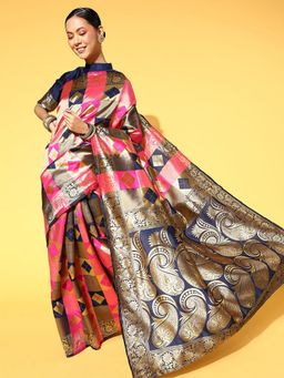 Odette - Silk Blend Pink Woven Designer Saree with Unstitched Blouse