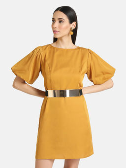 Kazo - Yellow Solid Dress And Belt (Set of 2)