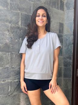 Kica - Cotton Top with Buttons: Grey