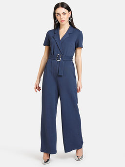 Kazo - Dress Blue Front Overlap Detail Jumpsuit With Belt (Set of 2)