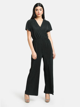 Kazo - Darkest Spruce Pleated Jumpsuit With Drop Shoulder