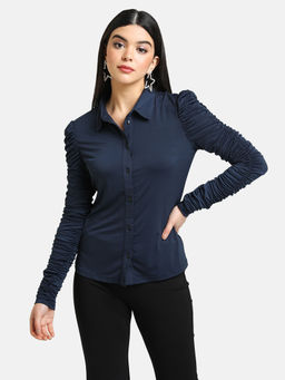 Kazo - Dress Blue Shirt With Ruched Sleeves