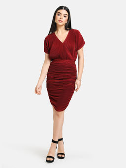 Kazo - Ruby Wine Wrap Detailed Pleated Mini Dress