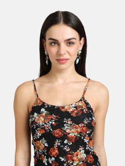 Kazo - Black Orange Combo Printed Stretch Lace Spaghetti Top