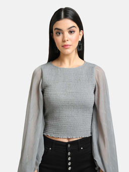 Kazo - Frost Grey Puff Sleeves Smocked Top