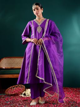 Varanga - Purple Zari Embroidered Anarkali Kurta with Pant and Dupatta (Set of 3)