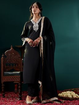 Varanga - Black Mirror Embroidered Kurta with Pant and Dupatta (Set of 3)