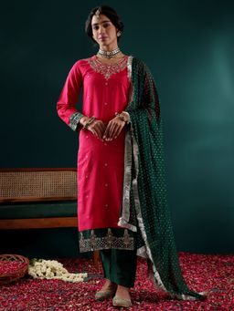 Varanga - Pink Embroidered Straight Kurta with Pant & Dupatta (Set of 3)