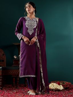Varanga - Purple Embroidered Kurta with Pant and Dupatta (Set of 3)